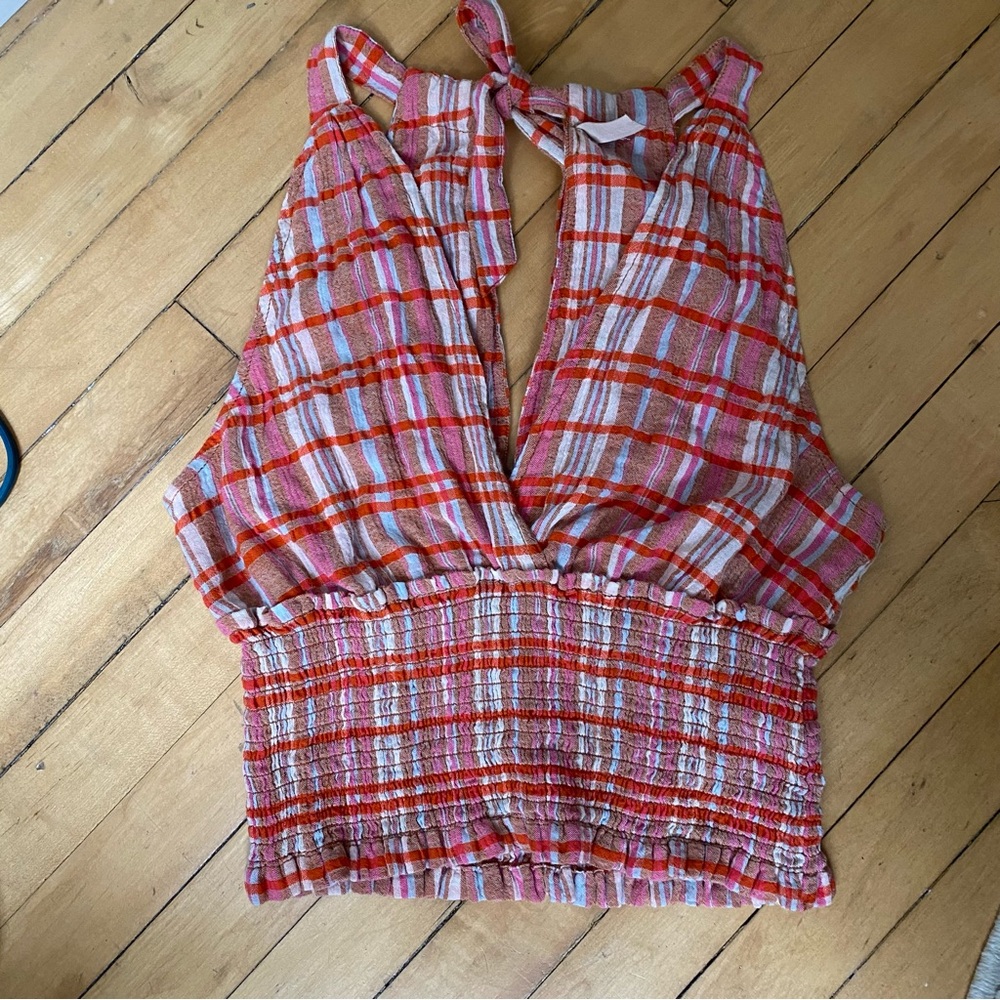 Pilcro Pink & Orange Plaid Tie-Back Tank